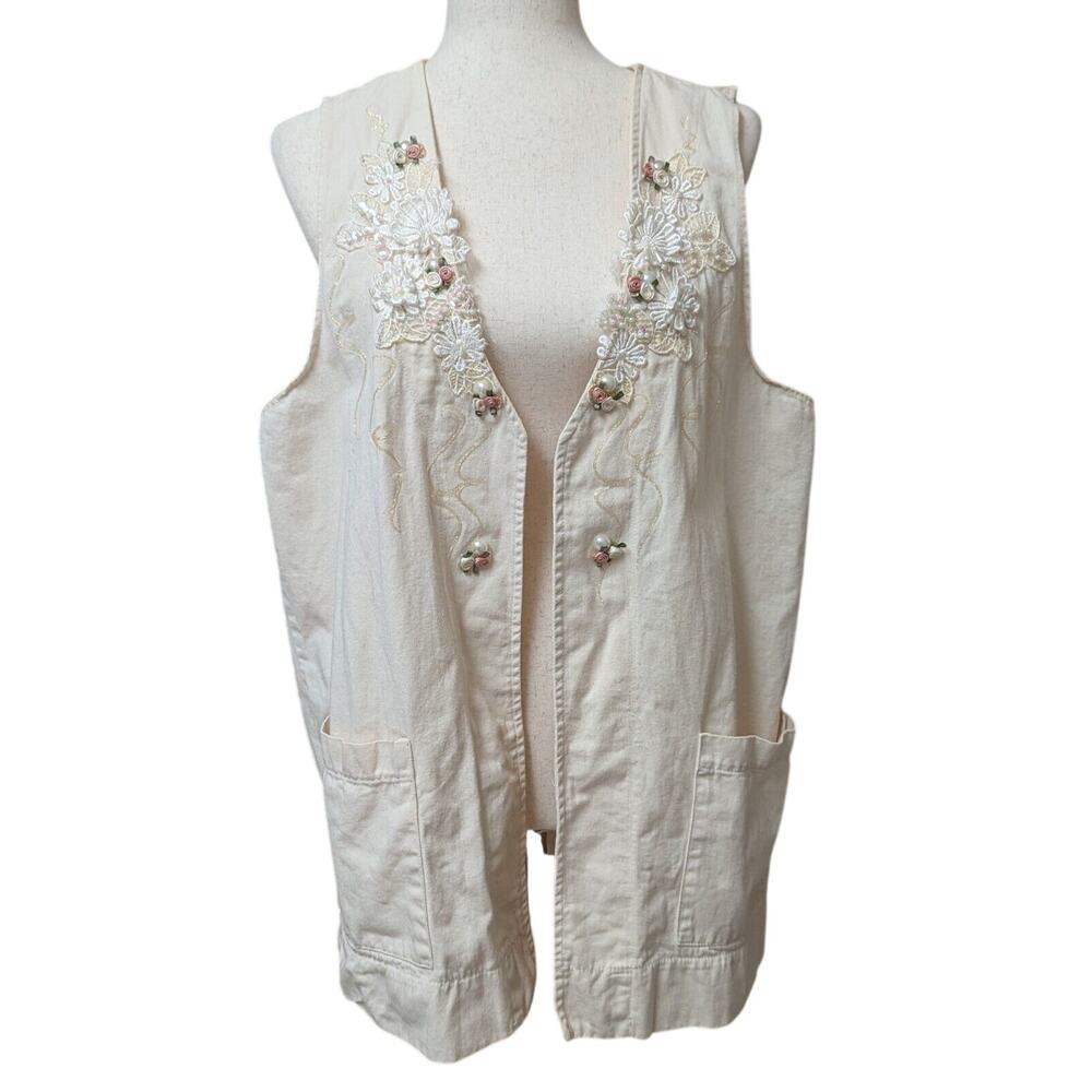 Vintage Cactus Ivory Shirt Vest Set Womens L Pearls Beads Embroidered Sequins - Picture 4 of 15